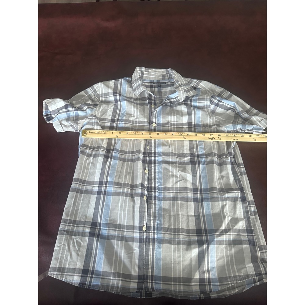 Van Heusen Studio Mens Large Slim Fit Short Sleeve Plaid Button Down Shirt Blue